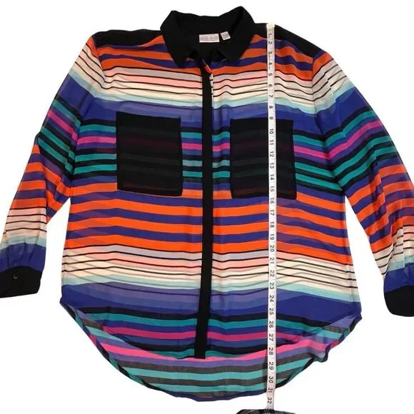 Bisou Busou Blouse Womens XL Colorful Bright Stripes Sheer Button Up Shirt - Picture 3 of 9